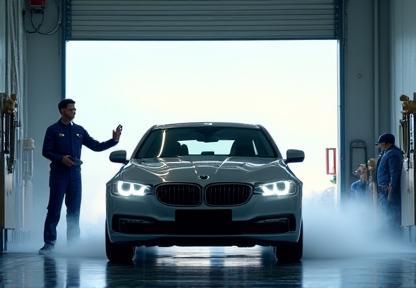 Car arriving at car wash bay and being greeted by staff