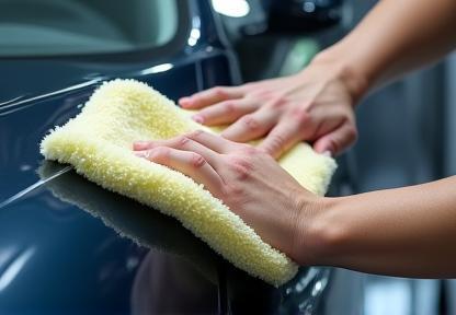 Worker drying car with soft microfiber towel