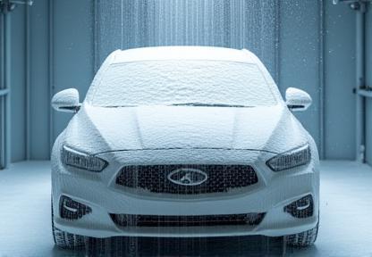 Car covered in thick washing foam