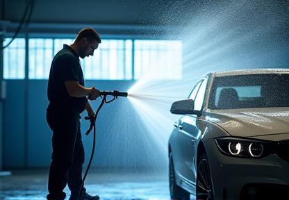 Car being rinsed with high-pressure water hose